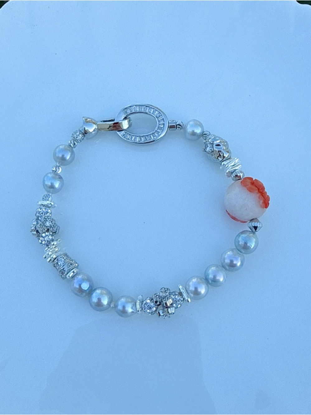 26B340 Handmade Akoya Sea Pearl Agate Bracelet sliver plated 7” 6-7mm